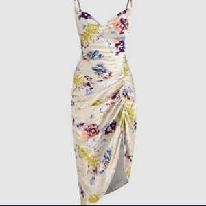 Illusion Floral Ruched Cowl Neck Midi Dress